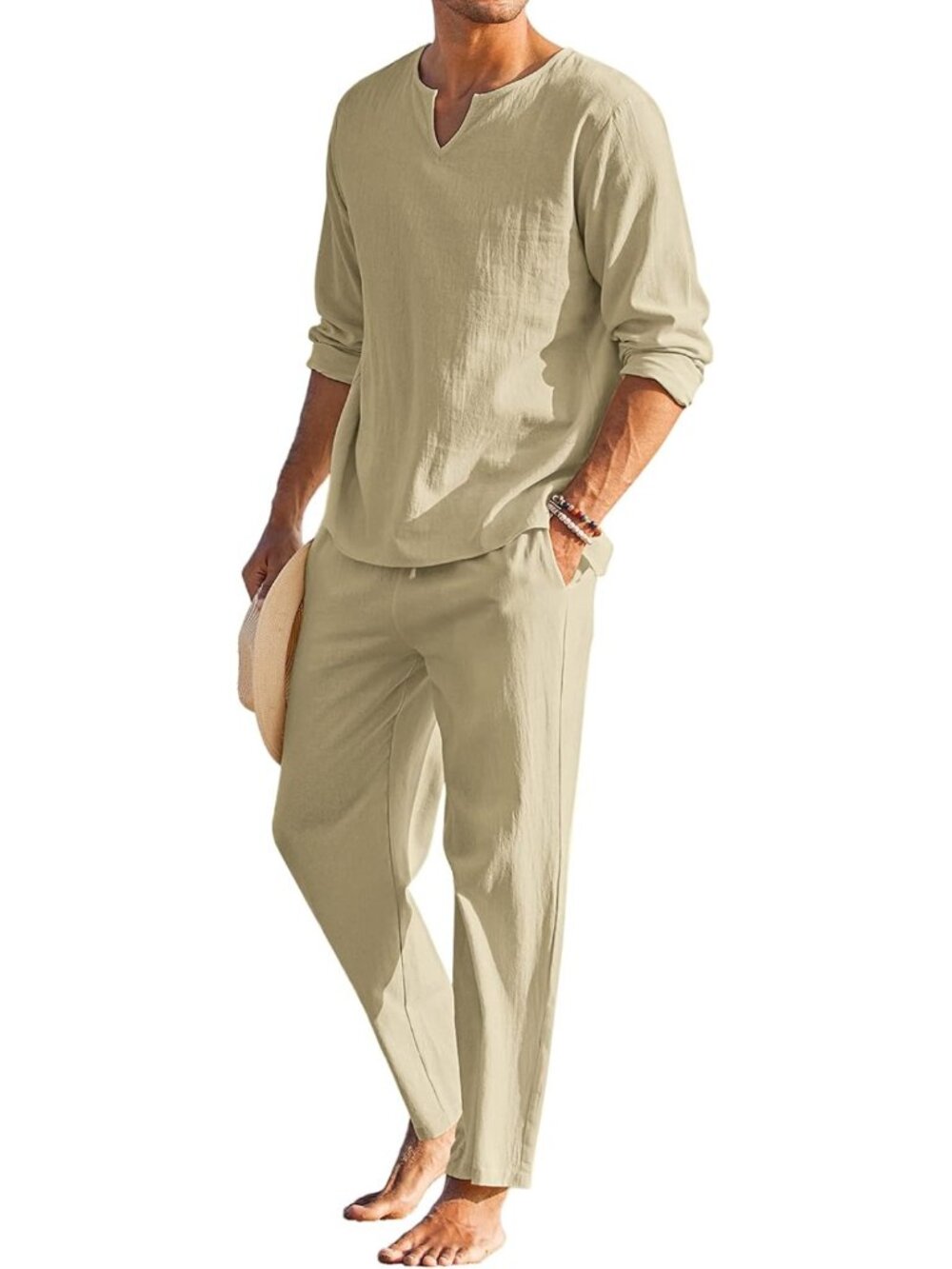 Men's Cotton Linen 2-Piece Set | Long Sleeve Henley Shirt & Casual Beach Pants